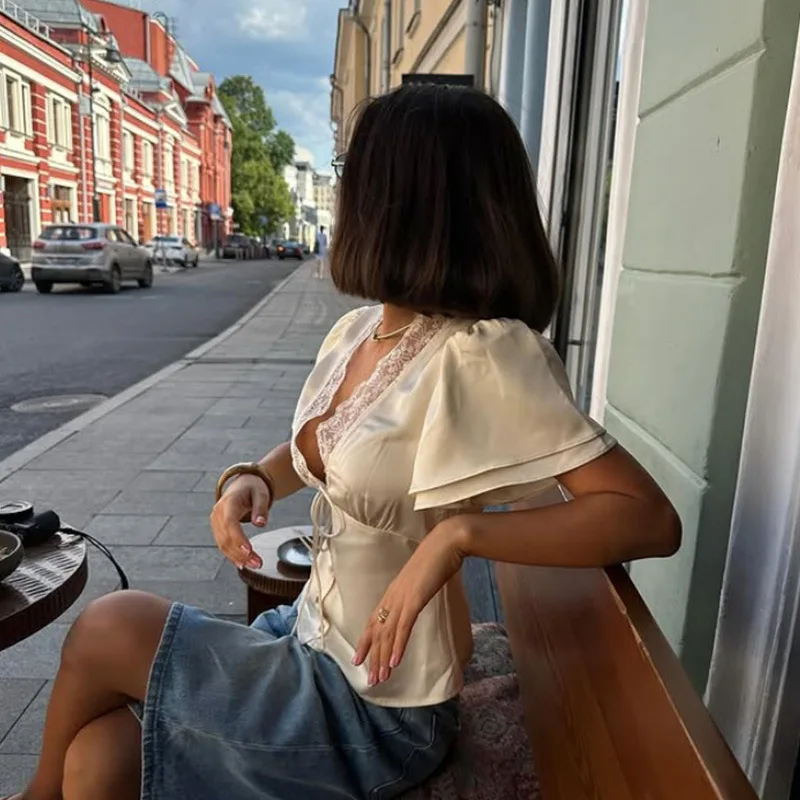 Women Solid Lace Tops V-Neck Short Sleeves Satin Slim Regular Streetwear Tees Female Summer Pure Desire Hot Girl T Shirts 2026 Women Solid Lace Tops V-Neck Short Sleeves Satin Slim Regular Streetwear Tees Female Summer Pure Desire Hot Girl T Shirts 2026 KDBazar