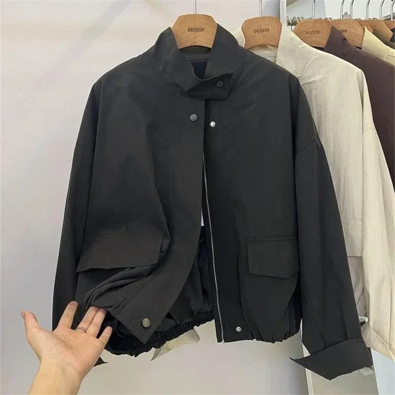 Korean Short Stand-up Collar Jacket Women’s Loose Windbreaker Coat Spring Autumn Leisure Tooling Jacket Coat Female Overwear Top Korean Short Stand-up Collar Jacket Women's Loose Windbreaker Coat Spring Autumn Leisure Tooling Jacket Coat Female Overwear Top