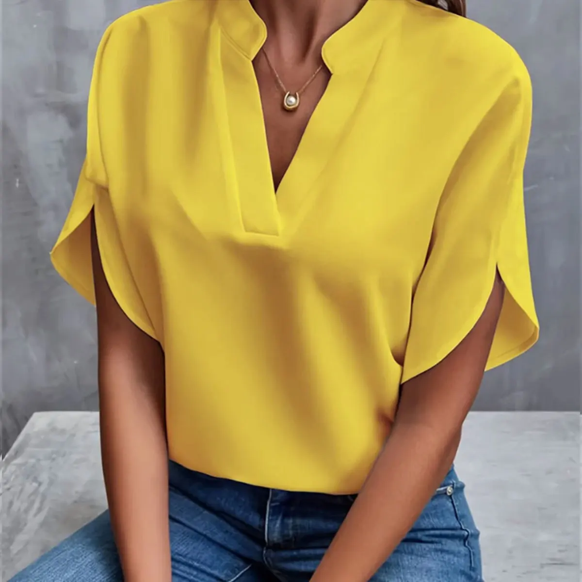 Women Elegant Solid V Neck Blouse Casual Short Sleeve Loose Shirt Summer Solid Tops Harajuku Office Ladt Chiffon Blouse 2026 New Women Elegant Solid V Neck Blouse Casual Short Sleeve Loose Shirt Summer Solid Tops Harajuku Office Ladt Chiffon Blouse 2026 New