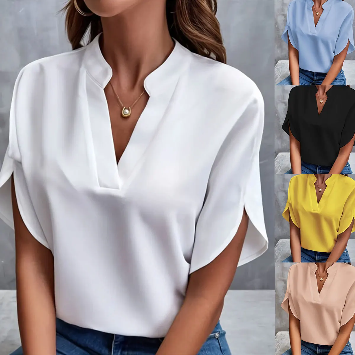 Women Elegant Solid V Neck Blouse Casual Short Sleeve Loose Shirt Summer Solid Tops Harajuku Office Ladt Chiffon Blouse 2026 New Women Elegant Solid V Neck Blouse Casual Short Sleeve Loose Shirt Summer Solid Tops Harajuku Office Ladt Chiffon Blouse 2026 New