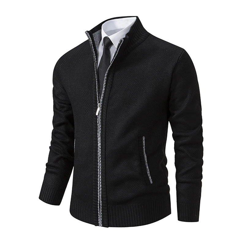Solid stand collar fleece cardigan coat side profile