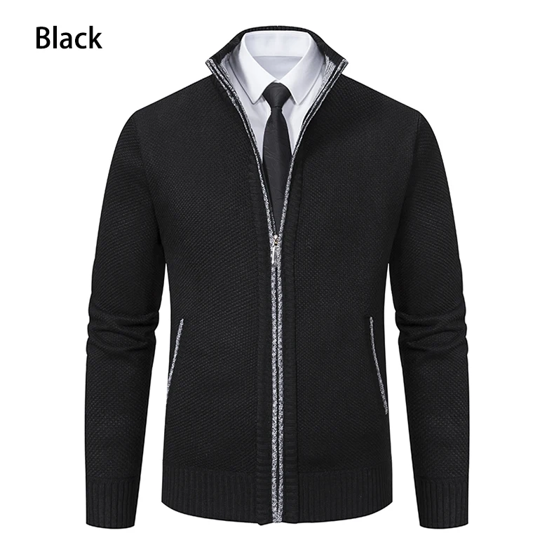 Solid stand collar fleece cardigan coat fit detail
