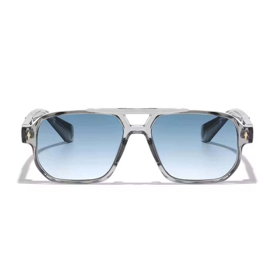 Transparent frame pilot sunglasses worn outdoors
