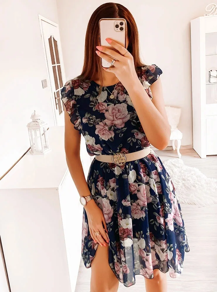 Floral chiffon beach dress cover-up pleated skirt detail