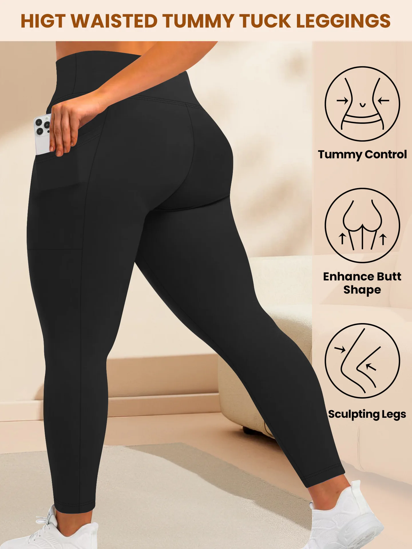 High waisted leggings elastic waistband