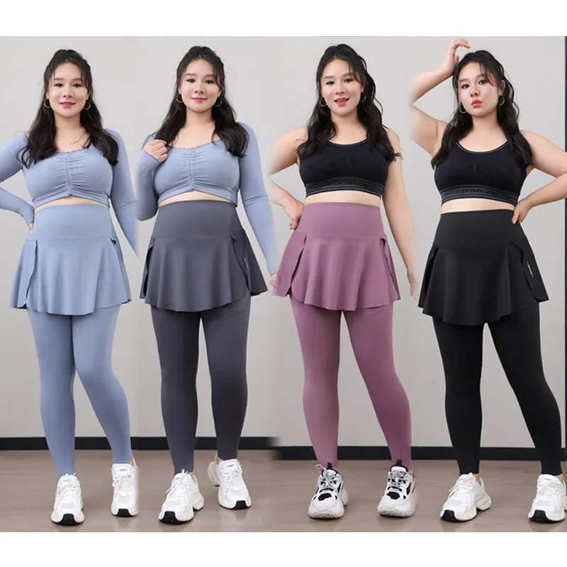 Plus Size Fit 200lbs Yoga Fake Two Items Leggings with Pockets Sharkskin High-Waisted Skirt Pants Gym Trainning Slim Tights Plus Size Fit 200lbs Yoga Fake Two Items Leggings with Pockets Sharkskin High-Waisted Skirt Pants Gym Trainning Slim Tights