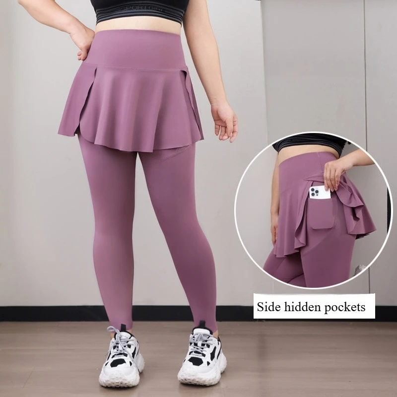 Plus Size Fit 200lbs Yoga Fake Two Items Leggings with Pockets Sharkskin High-Waisted Skirt Pants Gym Trainning Slim Tights Plus Size Fit 200lbs Yoga Fake Two Items Leggings with Pockets Sharkskin High-Waisted Skirt Pants Gym Trainning Slim Tights