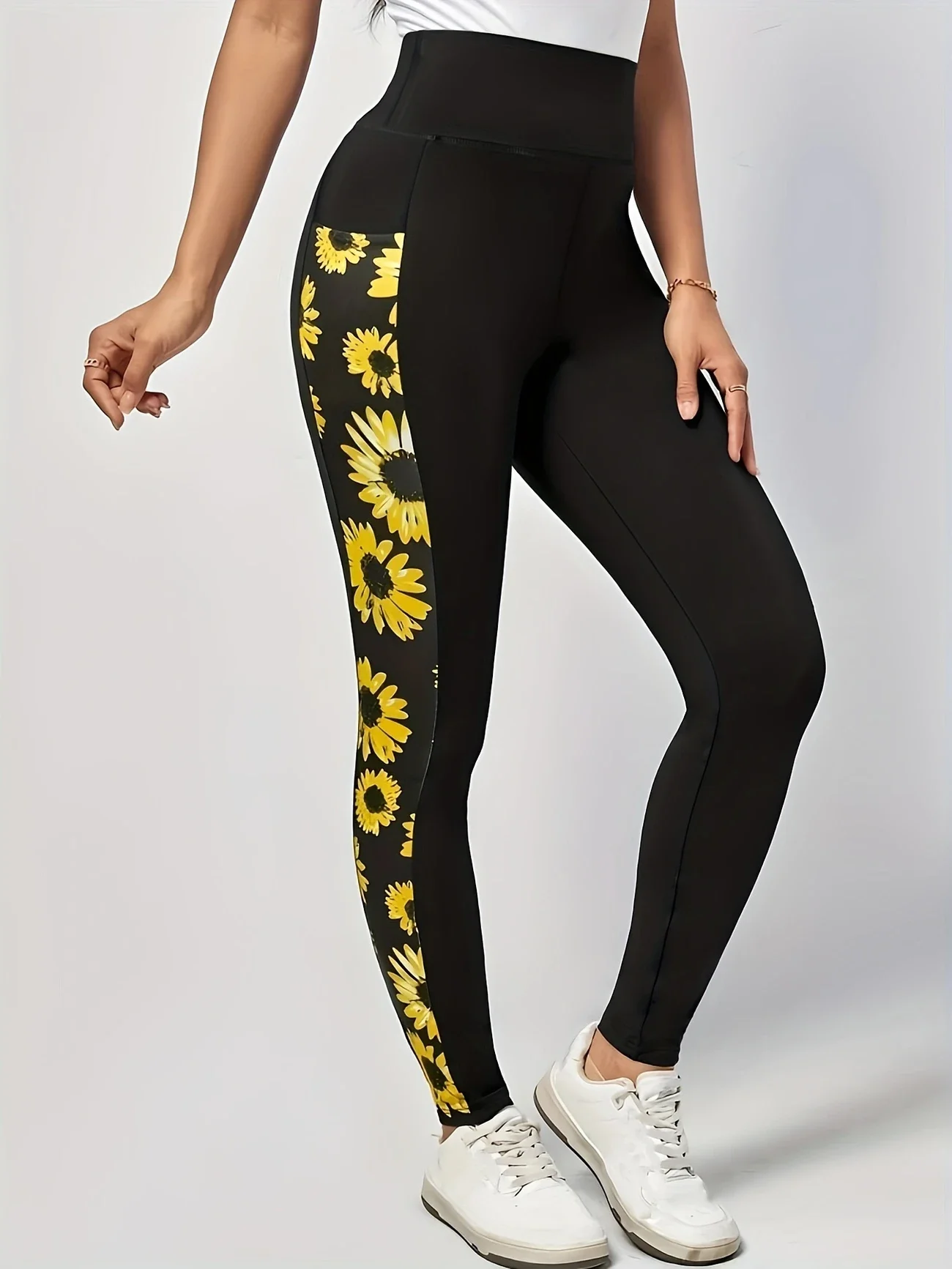 Sunflower print leggings for women, front view