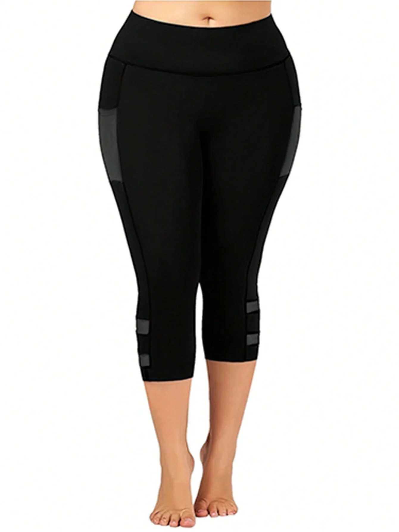Plus Size Casual Leggings, Women’s Plus Plain High Rise Contrast Mesh Capri Leggings Plus Size Casual Leggings, Women's Plus Plain High Rise Contrast Mesh Capri Leggings