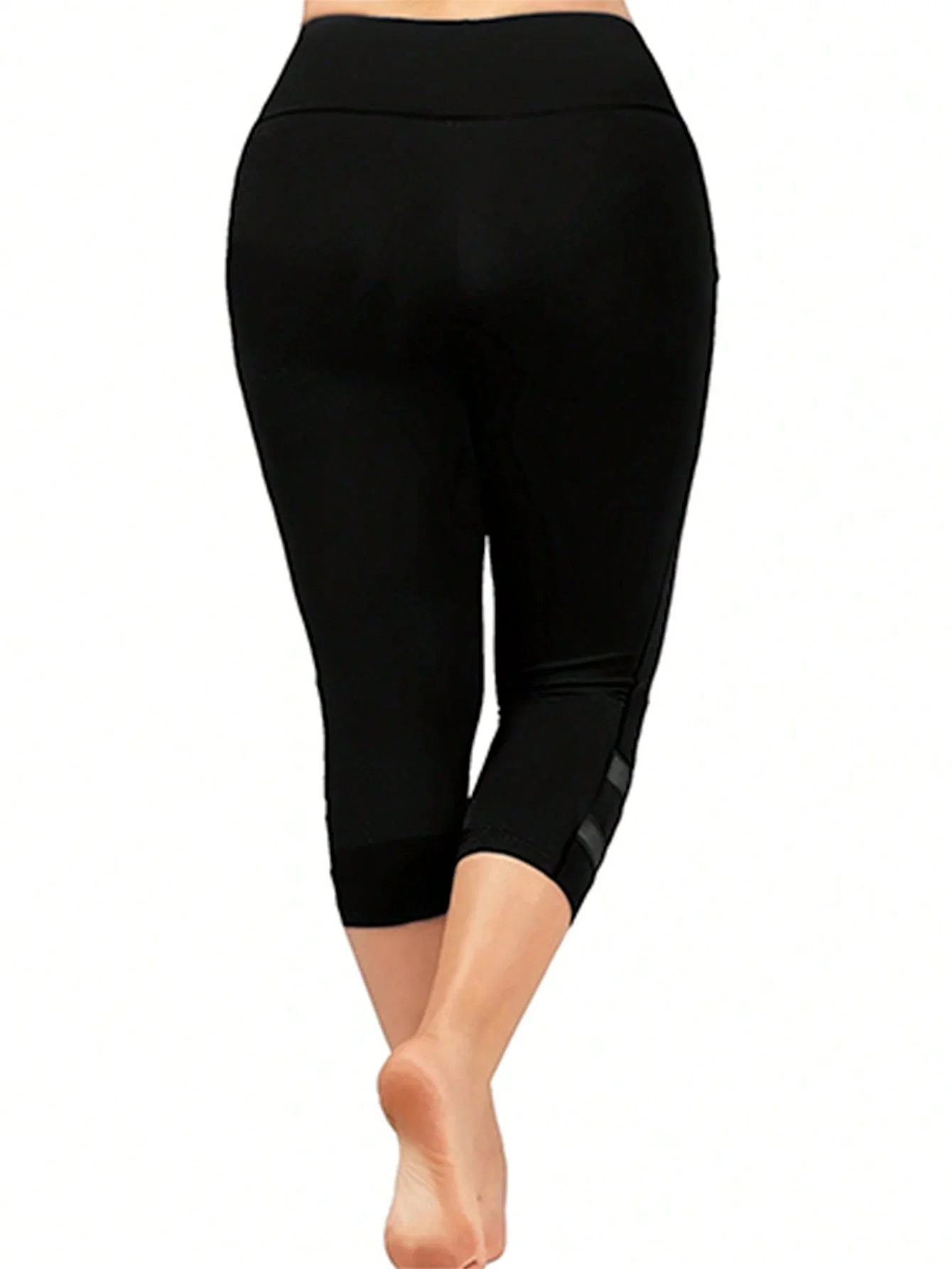 Plus Size Casual Leggings, Women’s Plus Plain High Rise Contrast Mesh Capri Leggings Plus Size Casual Leggings, Women's Plus Plain High Rise Contrast Mesh Capri Leggings