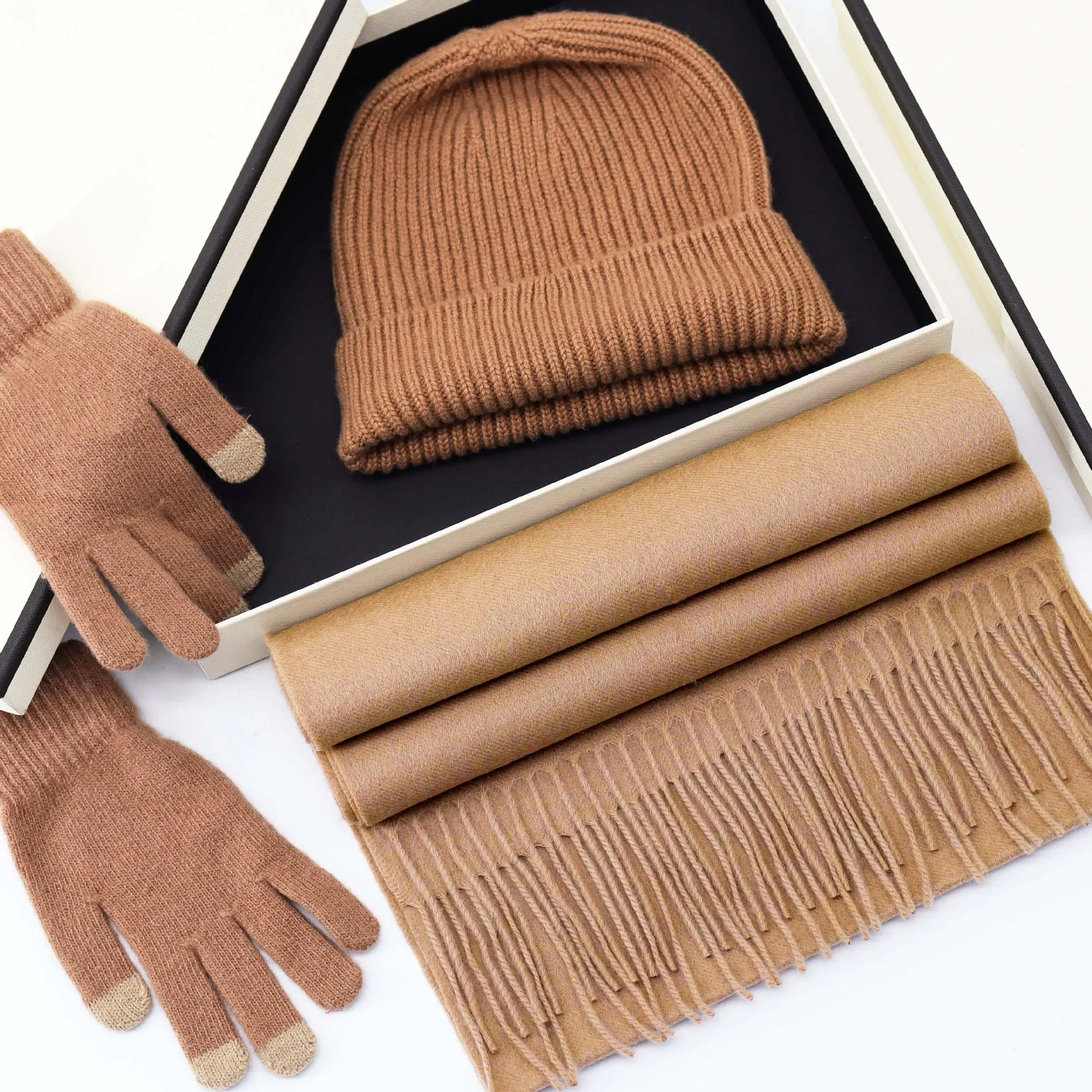 Wool Knitted Scarf Hat Gloves Set Gift Box for Women Winter Warm 3 in 1 Solid Color Accessories Wool Knitted Scarf Hat Gloves Set Gift Box for Women Winter Warm 3 in 1 Solid Color Accessories