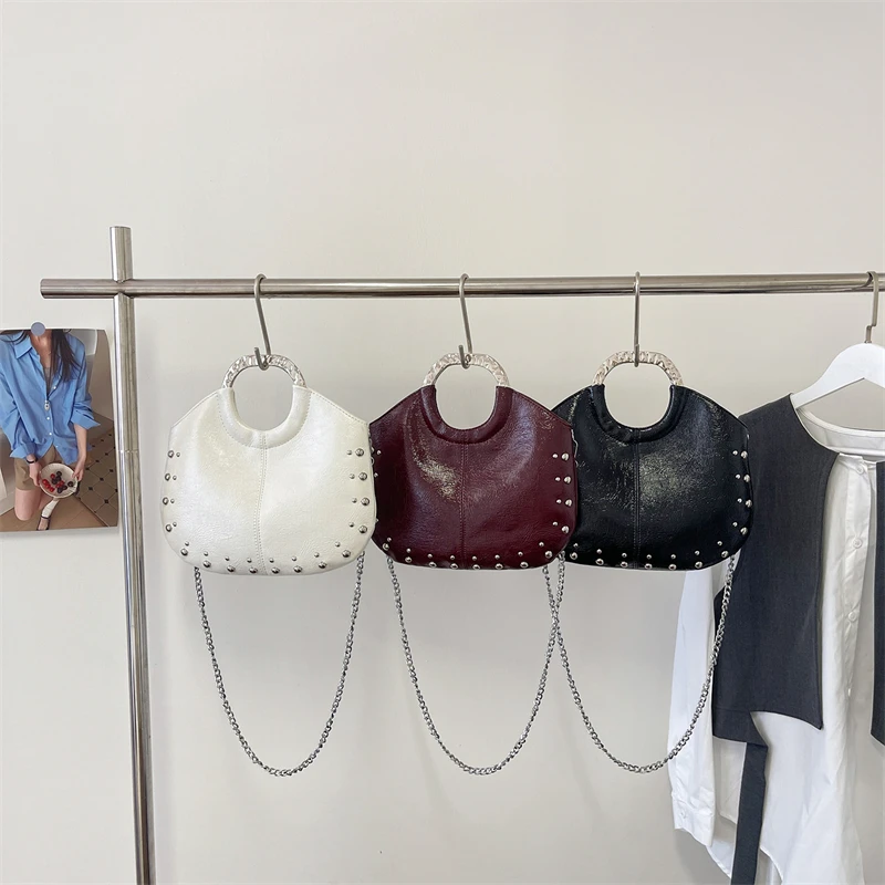Vintage Burgundy Handbag For Women Punk Style Rivet Decor Chain Crossbody Shoulder Bags 2026 New Luxury Designer Handbags Ladies Vintage Burgundy Handbag For Women Punk Style Rivet Decor Chain Crossbody Shoulder Bags 2026 New Luxury Designer Handbags Ladies