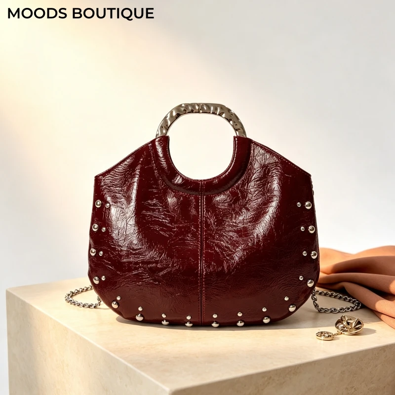 Vintage Burgundy Handbag For Women Punk Style Rivet Decor Chain Crossbody Shoulder Bags 2026 New Luxury Designer Handbags Ladies Vintage Burgundy Handbag For Women Punk Style Rivet Decor Chain Crossbody Shoulder Bags 2026 New Luxury Designer Handbags Ladies