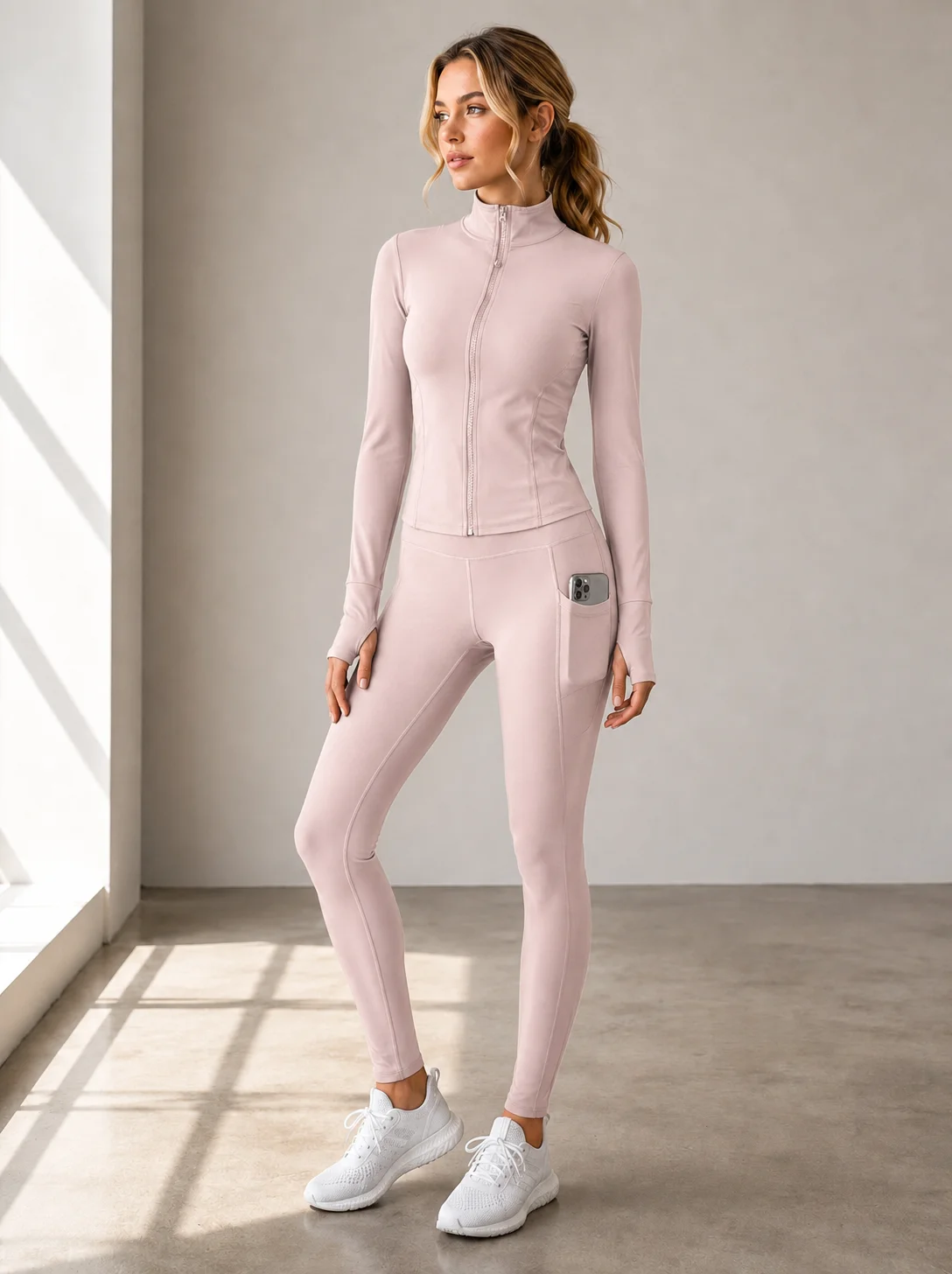 Women 2Pcs Yoga Set Zip Collar Slim Jacket High Waist Pocket Leggings Polyester Spandex Gym Workout Running Sports Suit Women 2Pcs Yoga Set Zip Collar Slim Jacket High Waist Pocket Leggings Polyester Spandex Gym Workout Running Sports Suit