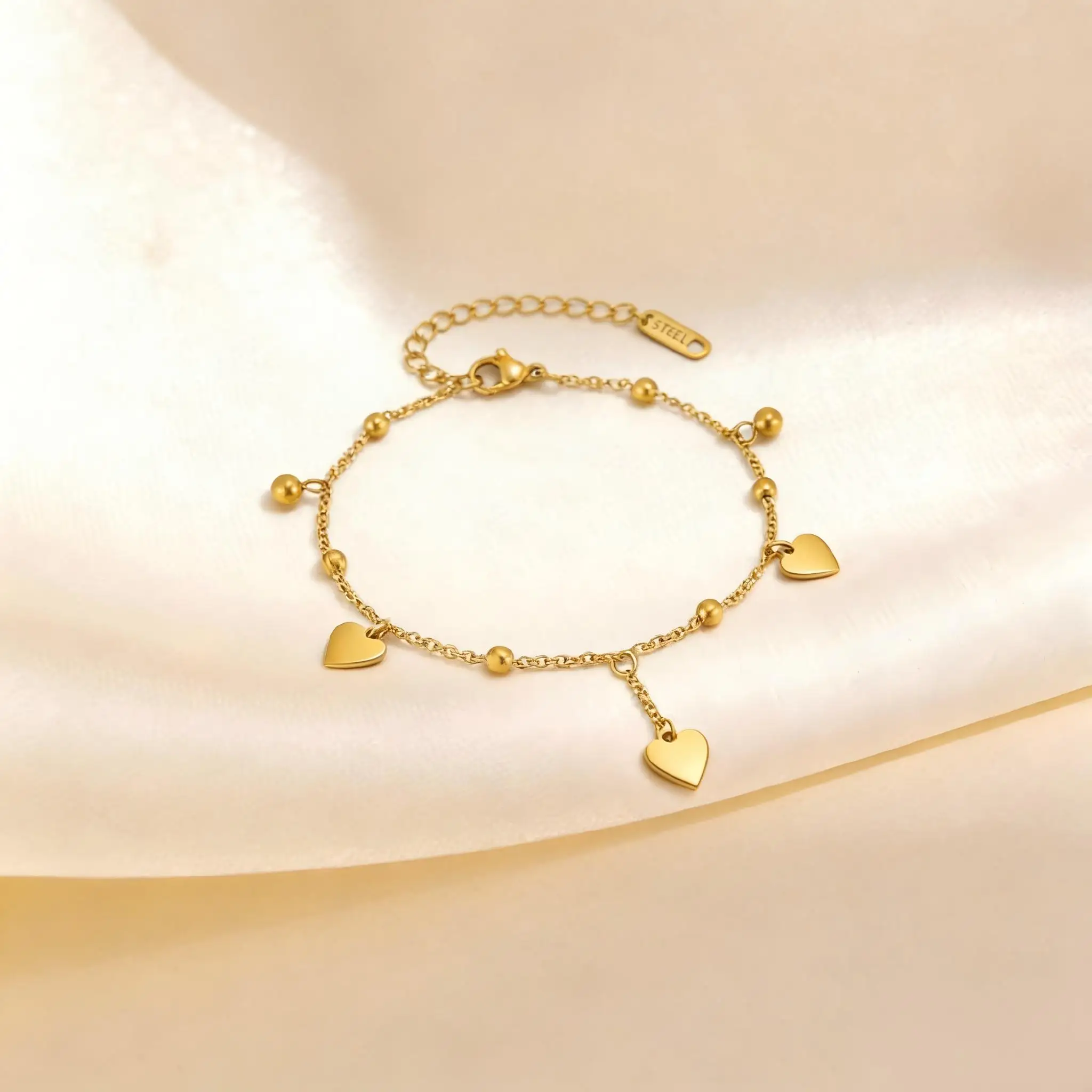 Heart Anklet, Stainless Steel Beaded Adjustable Foot Bracelet for Women, Waterproof Summer Beach Jewelry Heart Anklet, Stainless Steel Beaded Adjustable Foot Bracelet for Women, Waterproof Summer Beach Jewelry