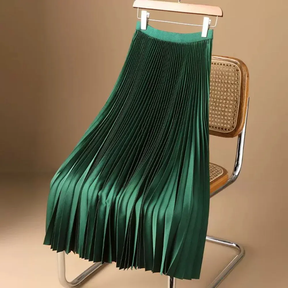 Pleated satin midi skirt color options