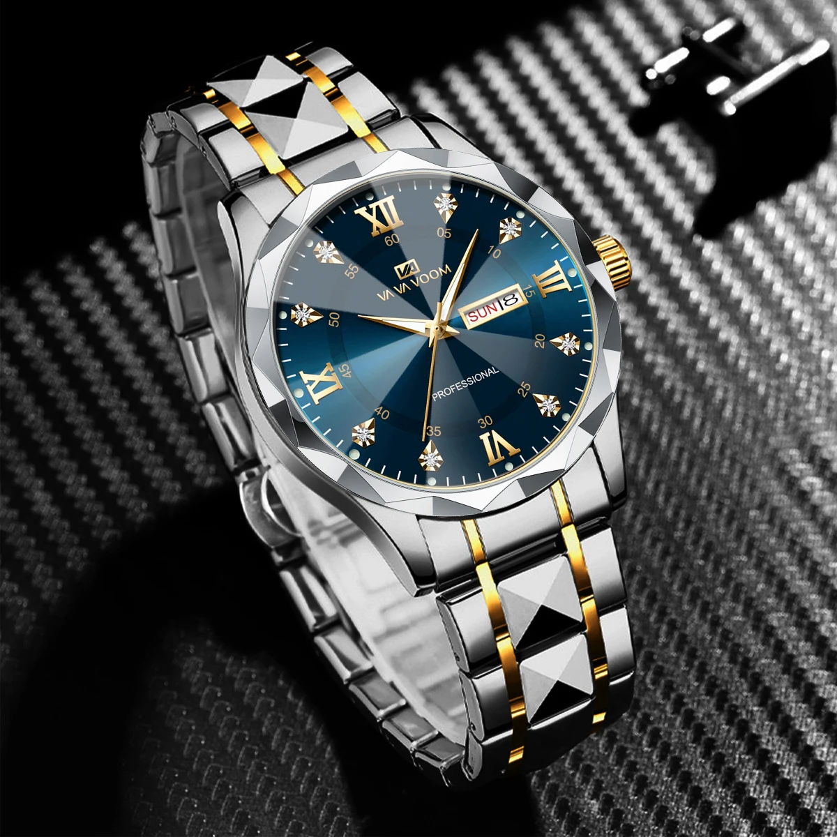 Men Watch Water Diamond Luxury Night Glow Double Calendar Quartz Movement 41mm Blue Gold Stainless Steel Fashion Business Watch Men Watch Water Diamond Luxury Night Glow Double Calendar Quartz Movement 41mm Blue Gold Stainless Steel Fashion Business Watch