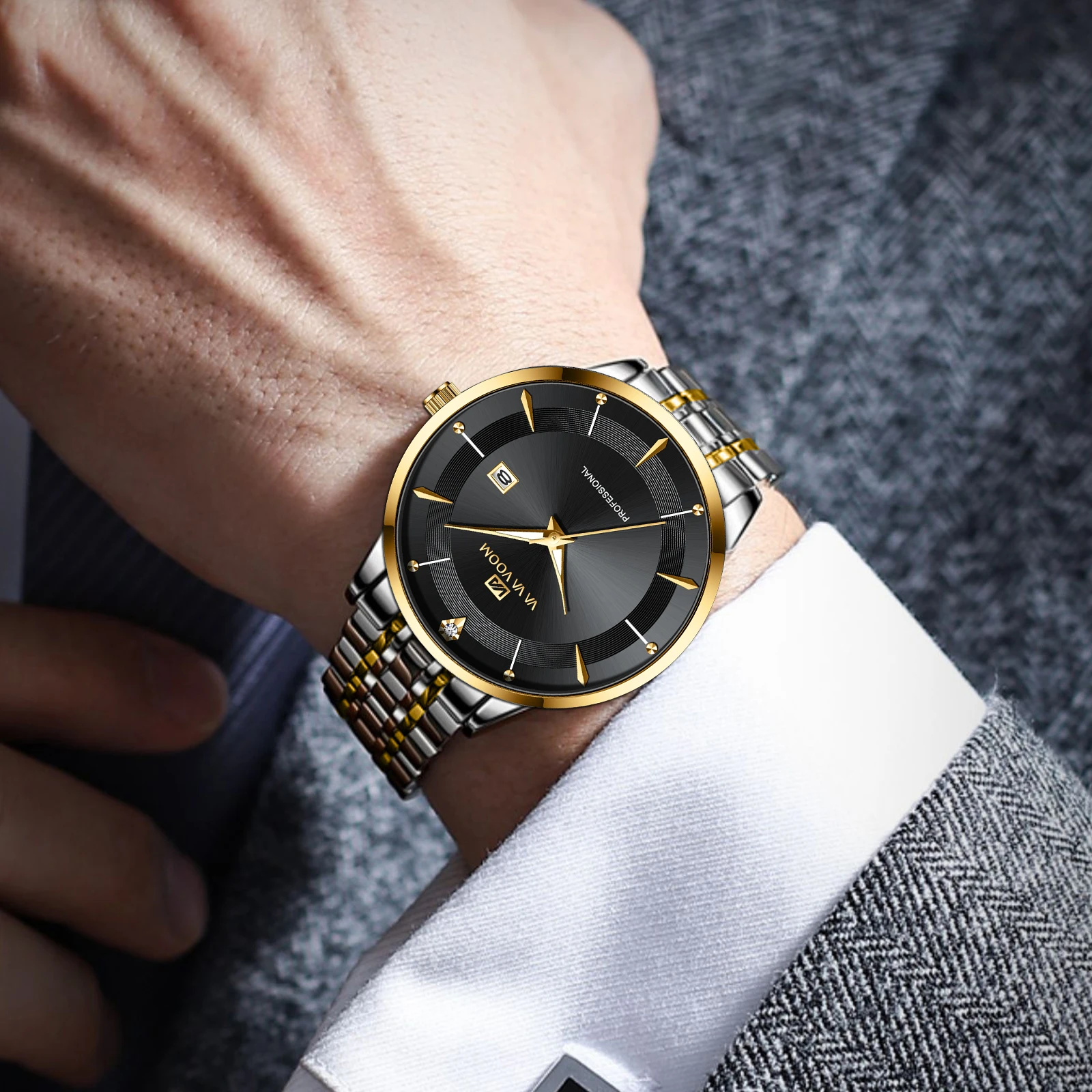 Men Watch 43mm Case Stainless Steel Style Luxury Rhinestone 3Bar Waterproof Quartz Movement Business Watches Relogios Masculino Men Watch 43mm Case Stainless Steel Style Luxury Rhinestone 3Bar Waterproof Quartz Movement Business Watches Relogios Masculino