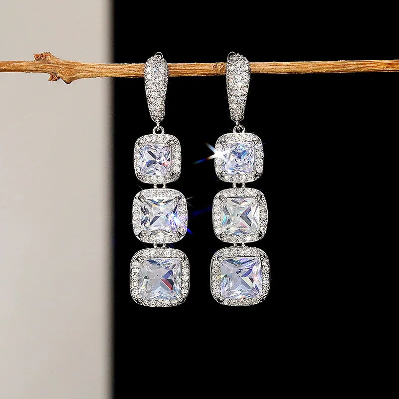 New Luxury Square White Green Zircon Long Tassel Drop Earring for Women Fashion 925 Sterling Silver Wedding Engagement Jewelry New Luxury Square White Green Zircon Long Tassel Drop Earring for Women Fashion 925 Sterling Silver Wedding Engagement Jewelry
