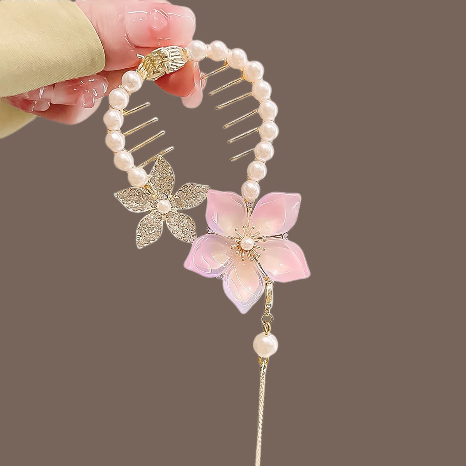 Pink flower rhinestone hair comb with tassel