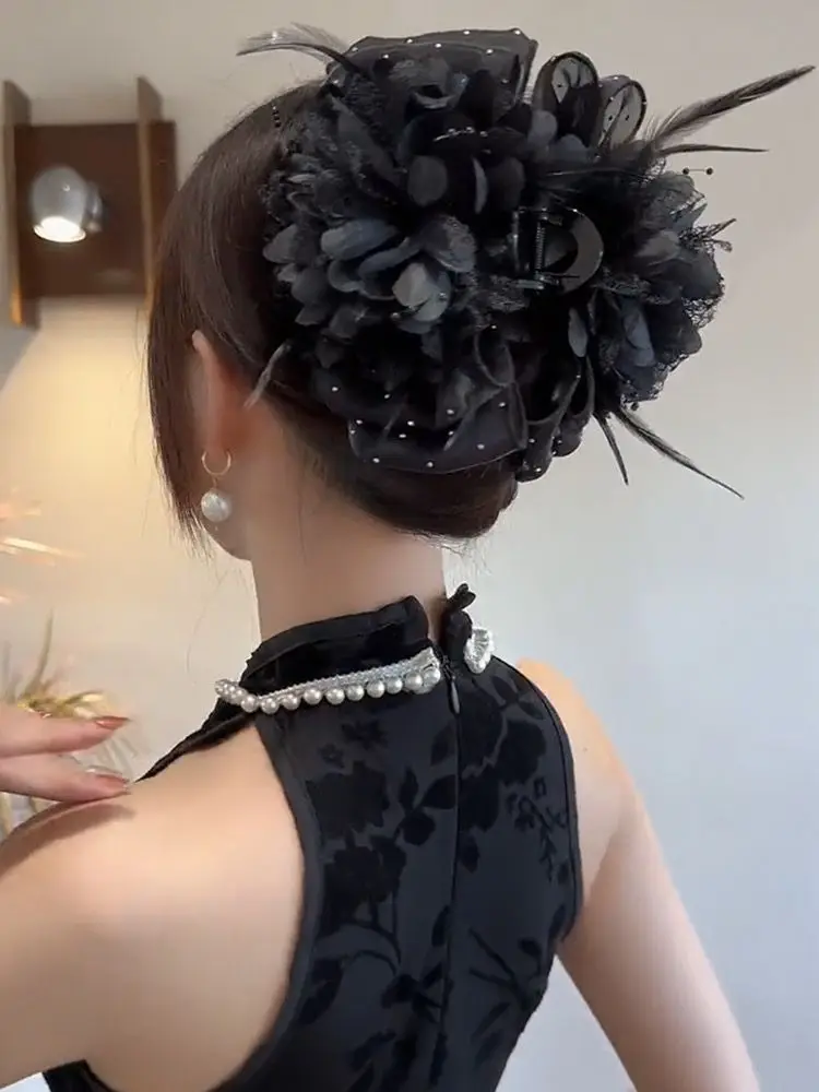 Korean Elegant Women Girls Hair Claw Pleated Organza Pearls Black Feather Grip Shark Hair Clip Women Headwear Hair Accessories Korean Elegant Women Girls Hair Claw Pleated Organza Pearls Black Feather Grip Shark Hair Clip Women Headwear Hair Accessories
