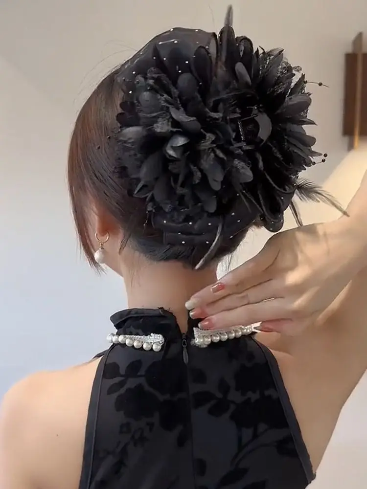 Korean Elegant Women Girls Hair Claw Pleated Organza Pearls Black Feather Grip Shark Hair Clip Women Headwear Hair Accessories Korean Elegant Women Girls Hair Claw Pleated Organza Pearls Black Feather Grip Shark Hair Clip Women Headwear Hair Accessories