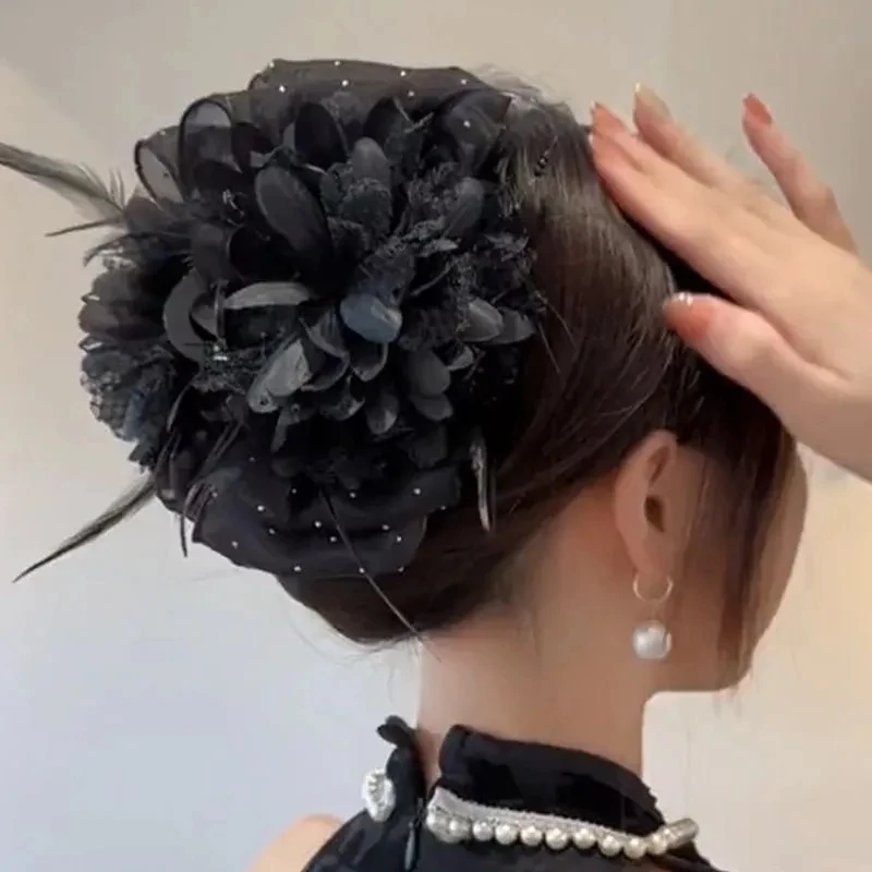 Korean Elegant Women Girls Hair Claw Pleated Organza Pearls Black Feather Grip Shark Hair Clip Women Headwear Hair Accessories Korean Elegant Women Girls Hair Claw Pleated Organza Pearls Black Feather Grip Shark Hair Clip Women Headwear Hair Accessories