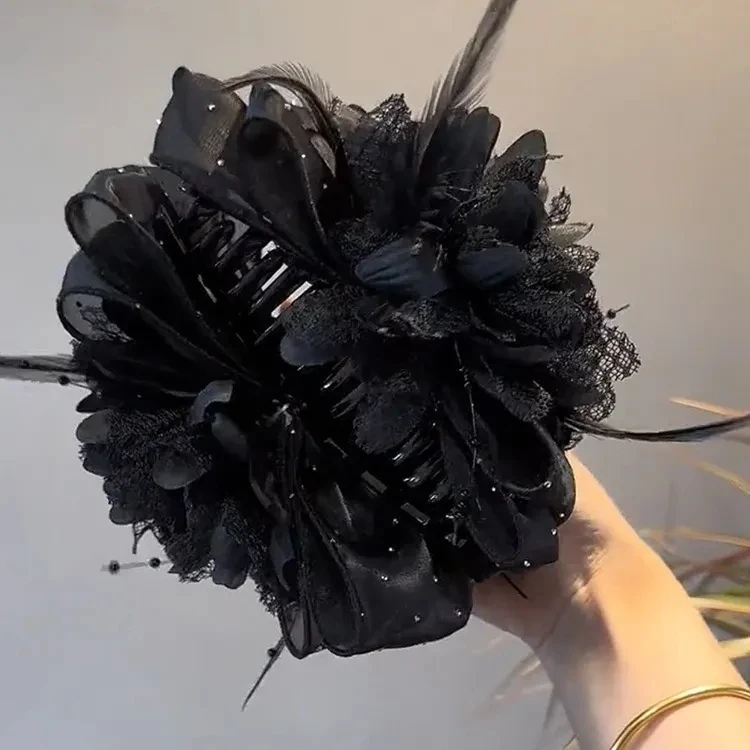 Korean Elegant Women Girls Hair Claw Pleated Organza Pearls Black Feather Grip Shark Hair Clip Women Headwear Hair Accessories Korean Elegant Women Girls Hair Claw Pleated Organza Pearls Black Feather Grip Shark Hair Clip Women Headwear Hair Accessories