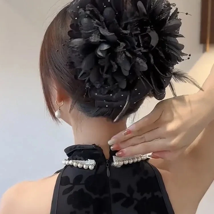 Korean Elegant Women Girls Hair Claw Pleated Organza Pearls Black Feather Grip Shark Hair Clip Women Headwear Hair Accessories Korean Elegant Women Girls Hair Claw Pleated Organza Pearls Black Feather Grip Shark Hair Clip Women Headwear Hair Accessories