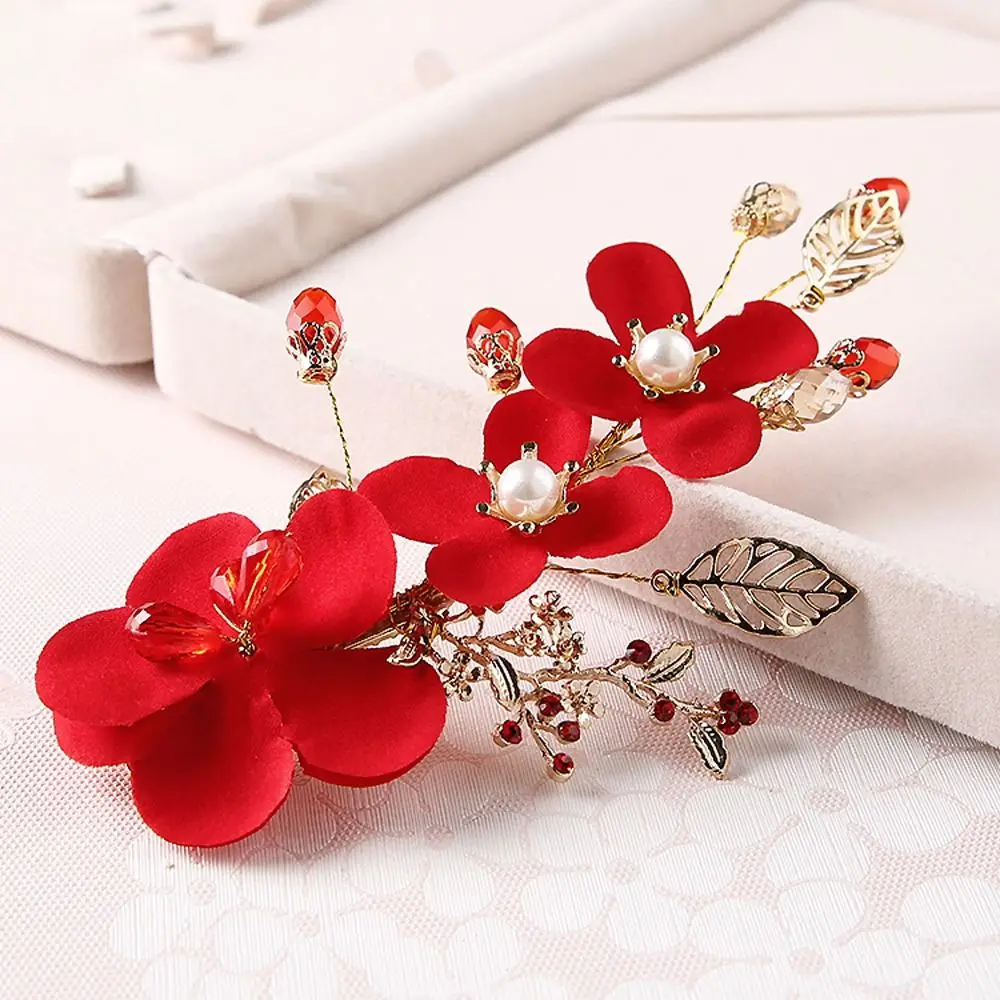 Chinese Hanfu Red Flower Hair Clips For Women Bride Wedding Pearl Crystal Leaf Hairpins Duckbill Clips Girls Hair Accessories Chinese Hanfu Red Flower Hair Clips For Women Bride Wedding Pearl Crystal Leaf Hairpins Duckbill Clips Girls Hair Accessories