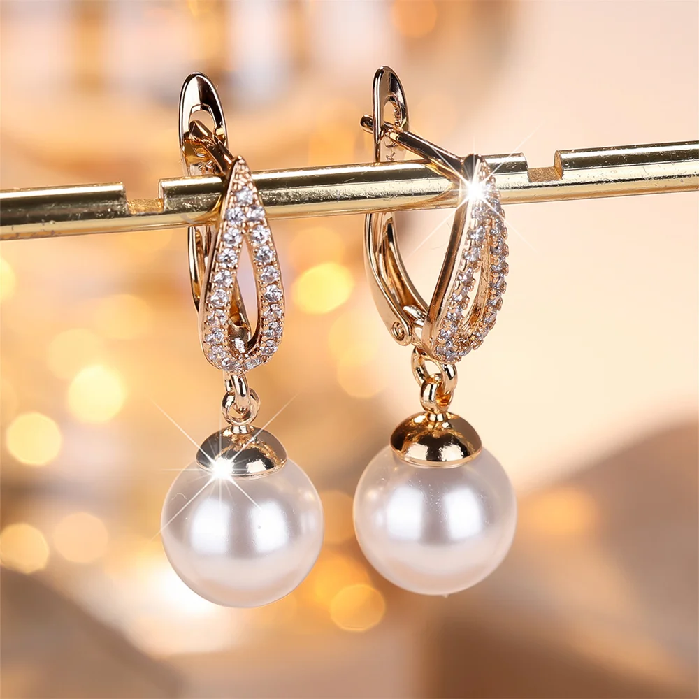 White Zircon Simulated Pearl Tassel Pendant Hoop Earrings For Women Vintage Gold Color Ear Buckle Wedding Jewelry Versatile Gift White Zircon Simulated Pearl Tassel Pendant Hoop Earrings For Women Vintage Gold Color Ear Buckle Wedding Jewelry Versatile Gift