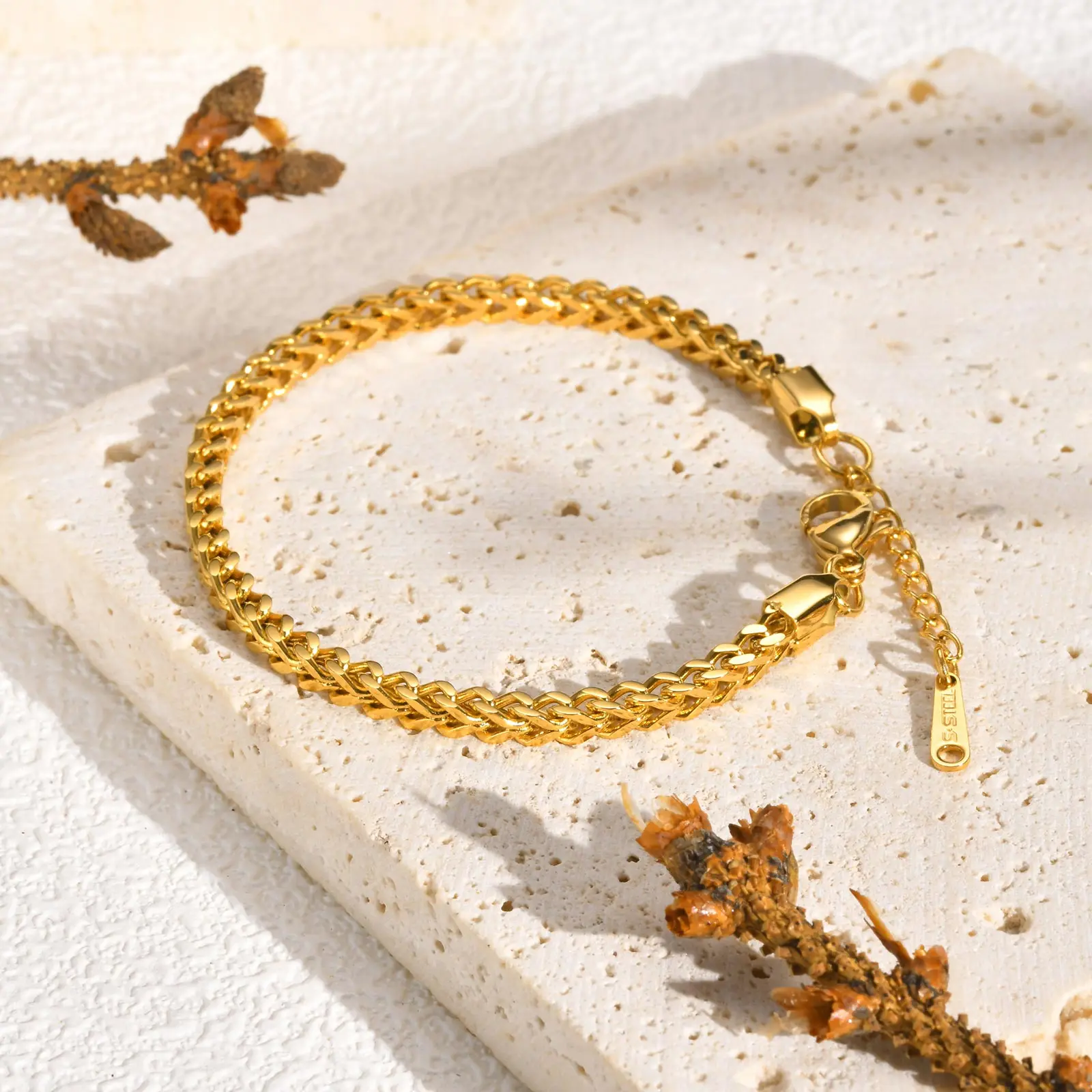 Stainless steel gold bracelet close up