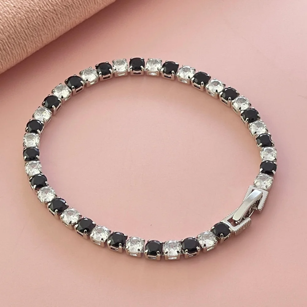 925 Sterling Silver Stylish Exquisite 4mm Black and White Zircon Tennis Bracelet, Ladies Birthday Party Anniversary Gift 925 Sterling Silver Stylish Exquisite 4mm Black and White Zircon Tennis Bracelet, Ladies Birthday Party Anniversary Gift