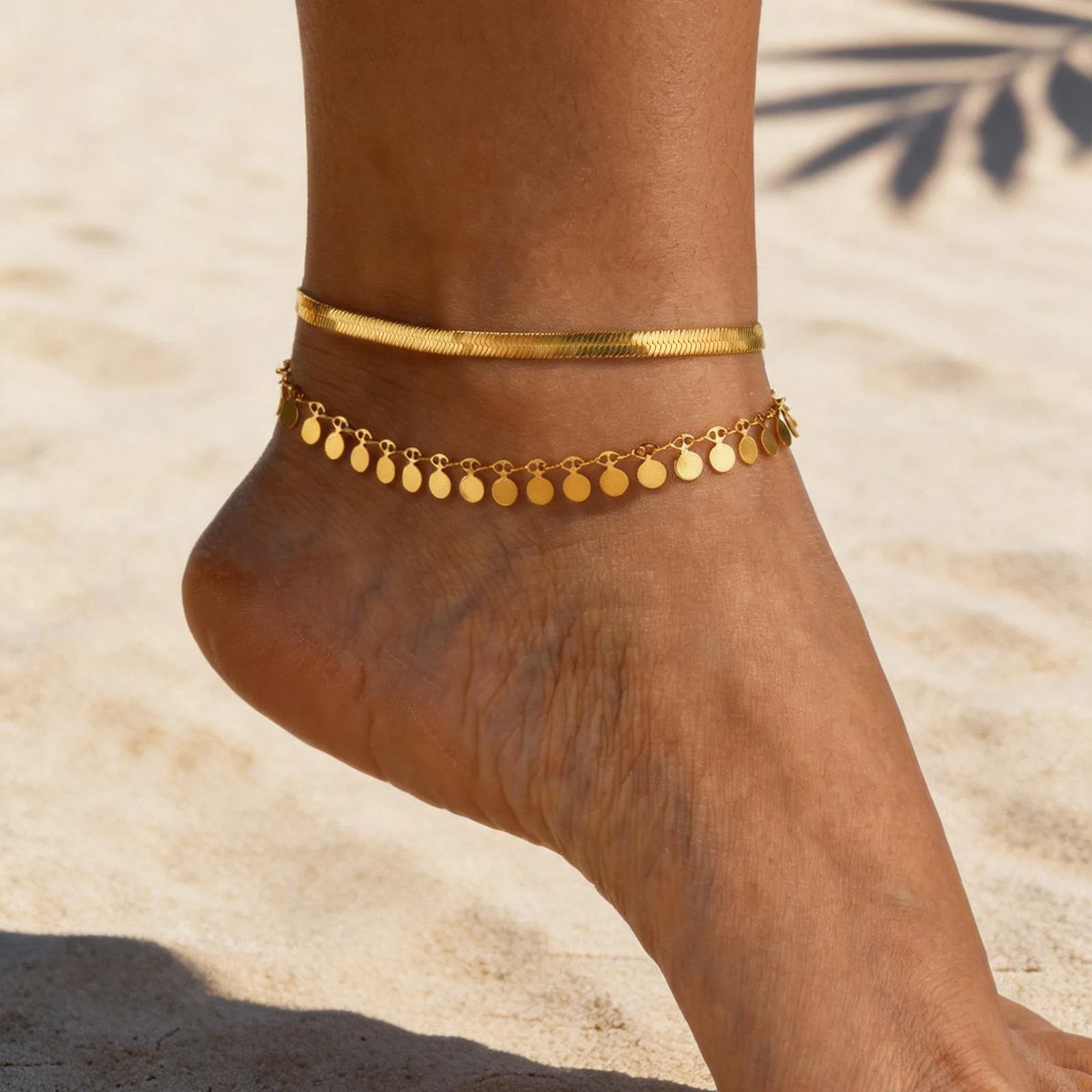 Anklet Set Layered for Women 18K Gold Plated Stainless Steel Flat Snake Chain Round Disk Waterproof Jewelry Anklet Set Layered for Women 18K Gold Plated Stainless Steel Flat Snake Chain Round Disk Waterproof Jewelry