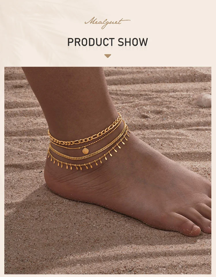Waterproof layered anklet bracelet on foot at the beach