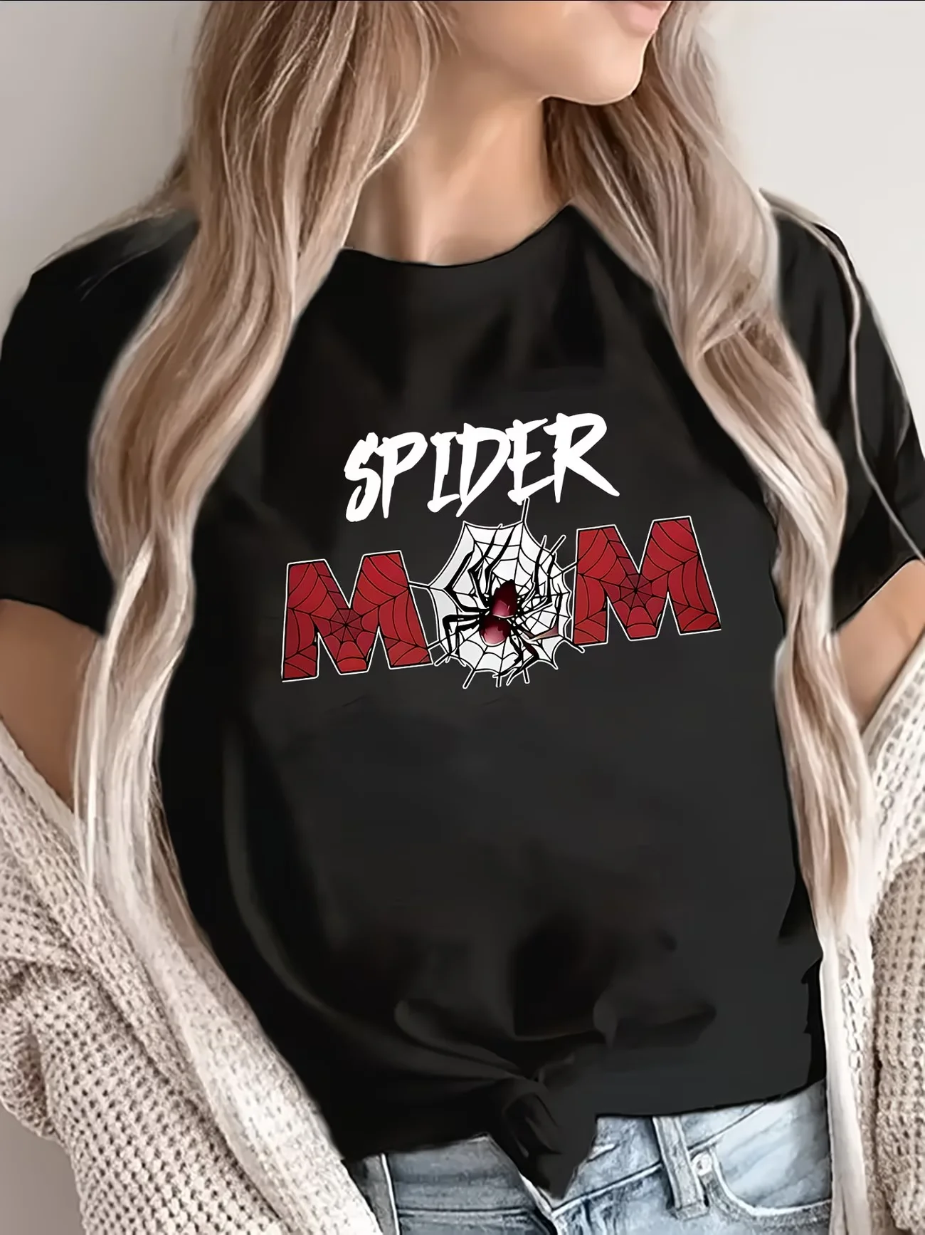 Women’S Spider Mom T-Shirt, Casual Short Sleeve Top with Striking Graphic Design, Ideal for Home, Dining, Or Outdoor Activities Women'S Spider Mom T-Shirt, Casual Short Sleeve Top with Striking Graphic Design, Ideal for Home, Dining, Or Outdoor Activities