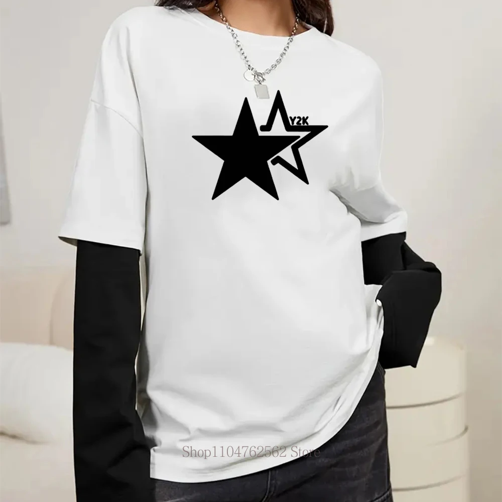 Women Star Y2K Print Graphic Fake Two Long Sleeved T-shirts Fashion Gothic Retro Casual Loose Fake Two Long Sleeved T Shirt Women Star Y2K Print Graphic Fake Two Long Sleeved T-shirts Fashion Gothic Retro Casual Loose Fake Two Long Sleeved T Shirt