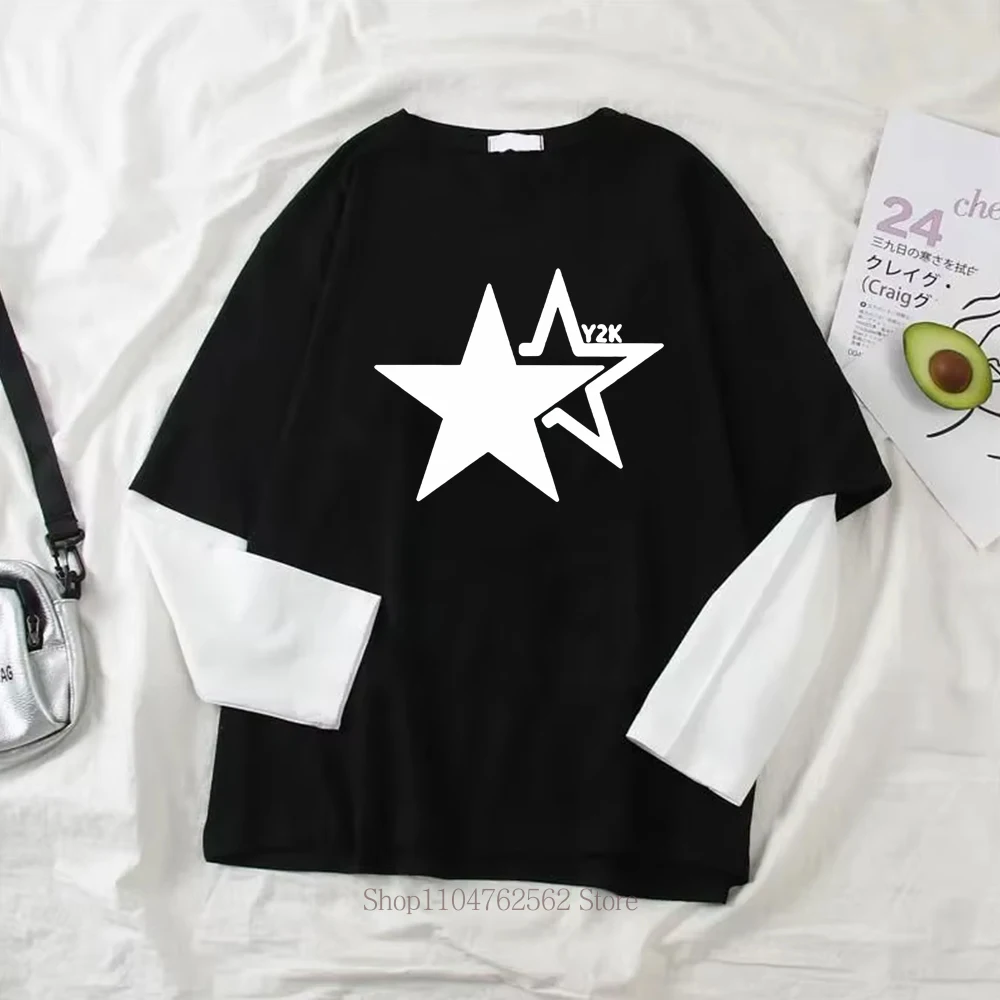Women Star Y2K Print Graphic Fake Two Long Sleeved T-shirts Fashion Gothic Retro Casual Loose Fake Two Long Sleeved T Shirt Women Star Y2K Print Graphic Fake Two Long Sleeved T-shirts Fashion Gothic Retro Casual Loose Fake Two Long Sleeved T Shirt