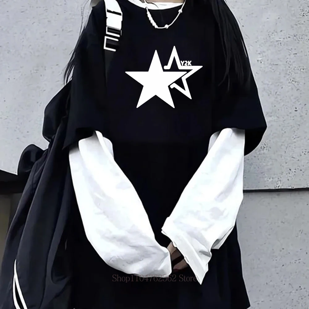 Women Star Y2K Print Graphic Fake Two Long Sleeved T-shirts Fashion Gothic Retro Casual Loose Fake Two Long Sleeved T Shirt Women Star Y2K Print Graphic Fake Two Long Sleeved T-shirts Fashion Gothic Retro Casual Loose Fake Two Long Sleeved T Shirt