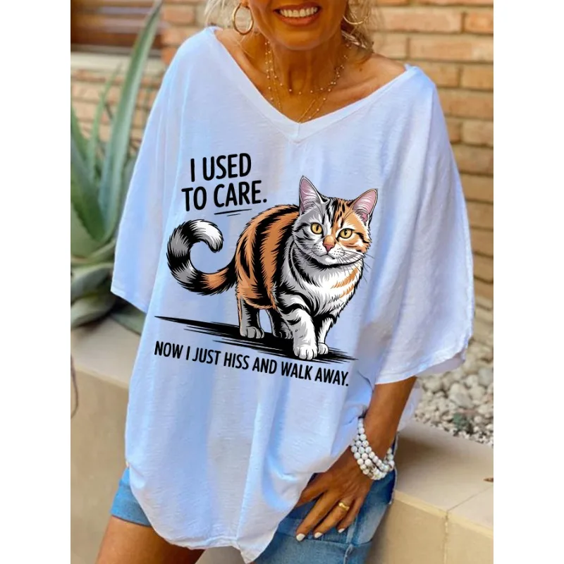 ilstile Women’s Cat Letter Print T-Shirts Summer Holiday Short Sleeve Casual Loose T Shirt V Neck Long Tops Black White ilstile Women's Cat Letter Print T-Shirts Summer Holiday Short Sleeve Casual Loose T Shirt V Neck Long Tops Black White