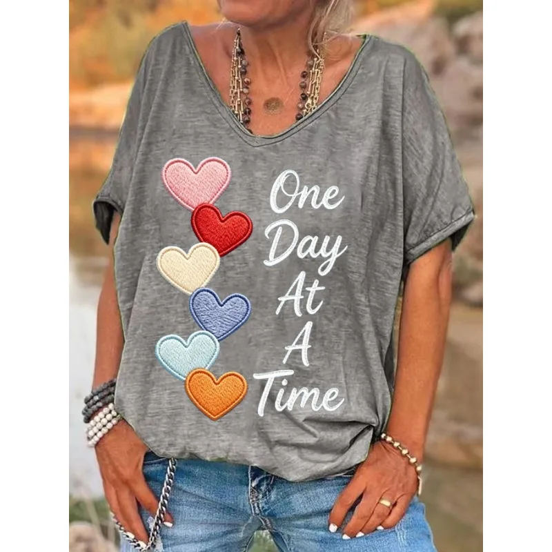 ilstile Women’s Colorful Love Print T-Shirts Summer Holiday Short Sleeve T Shirt Casual Loose V Neck Tops Tees New Arrival ilstile Women's Colorful Love Print T-Shirts Summer Holiday Short Sleeve T Shirt Casual Loose V Neck Tops Tees New Arrival