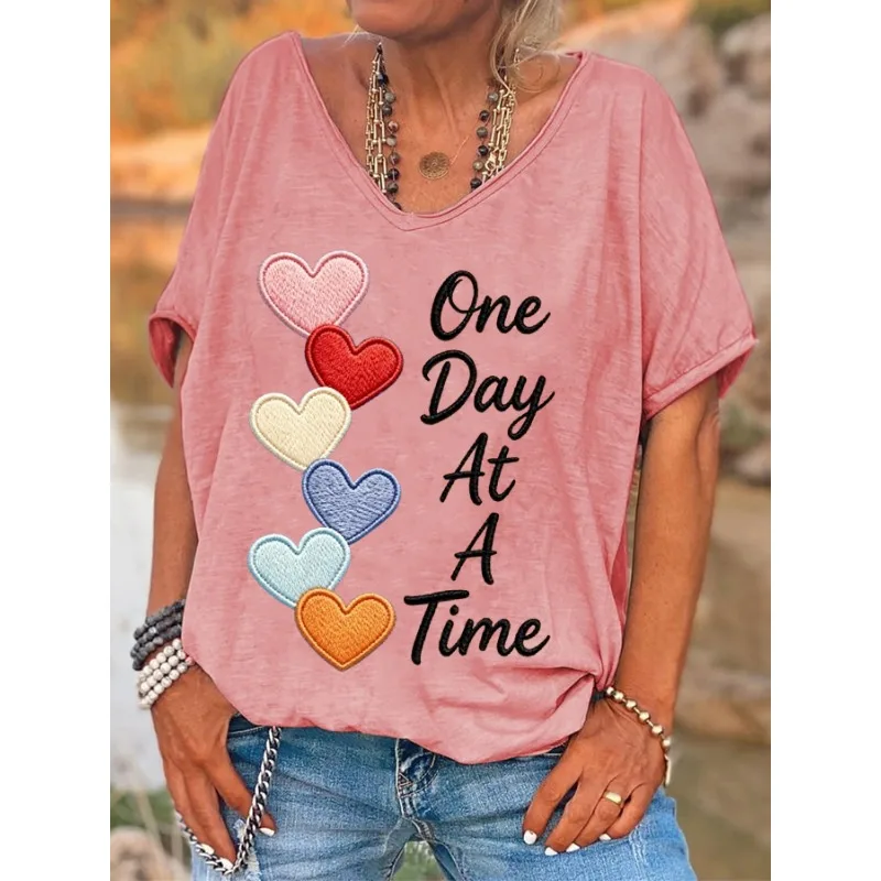 ilstile Women’s Colorful Love Print T-Shirts Summer Holiday Short Sleeve T Shirt Casual Loose V Neck Tops Tees New Arrival ilstile Women's Colorful Love Print T-Shirts Summer Holiday Short Sleeve T Shirt Casual Loose V Neck Tops Tees New Arrival
