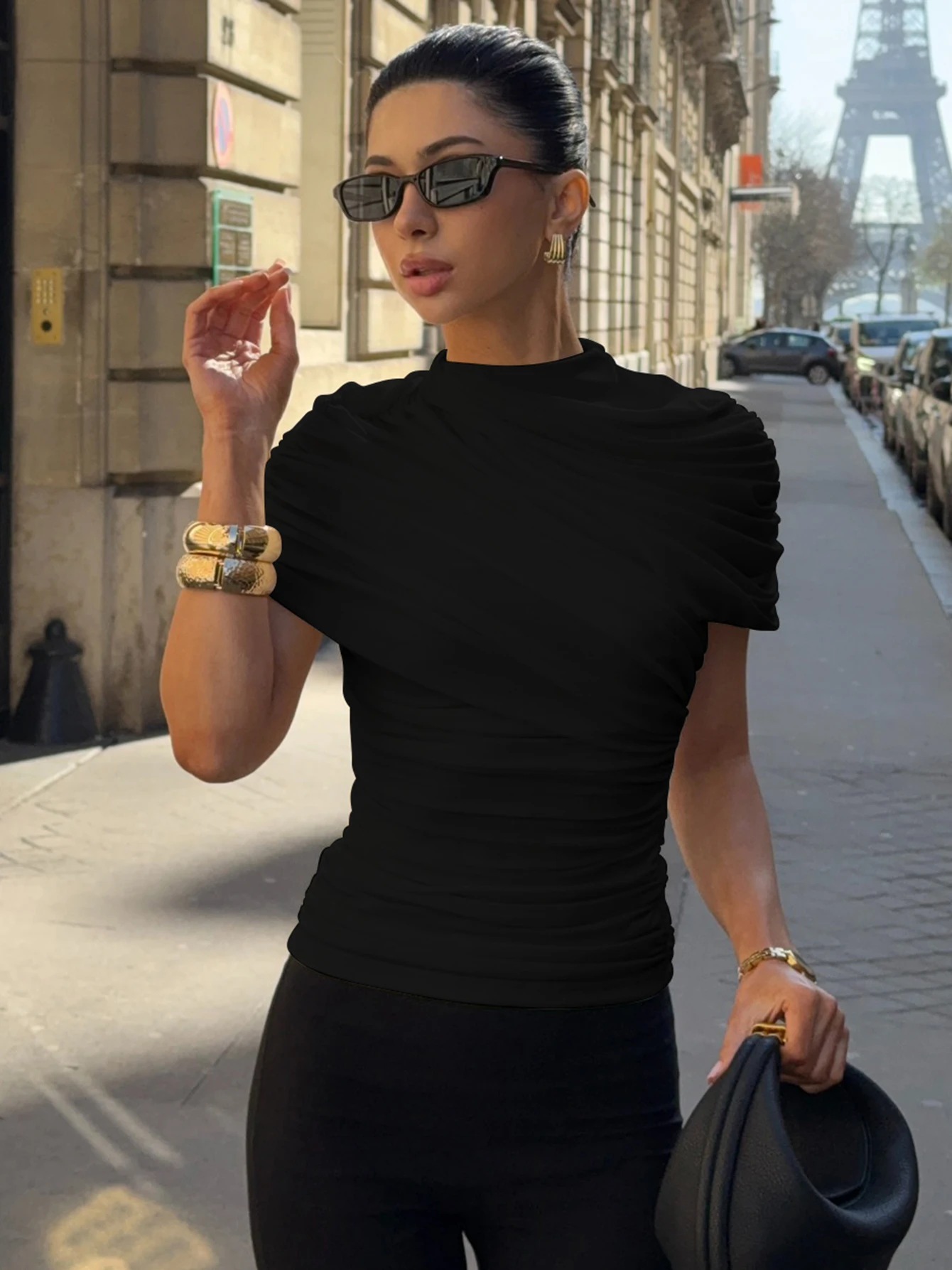 Dulzura Women’S Solid O-Neck Short Sleeve Ruched Slim T-Shirt Casual Versatile Y2K Top Party Vacation Street Style Summer Outfit Dulzura Women'S Solid O-Neck Short Sleeve Ruched Slim T-Shirt Casual Versatile Y2K Top Party Vacation Street Style Summer Outfit