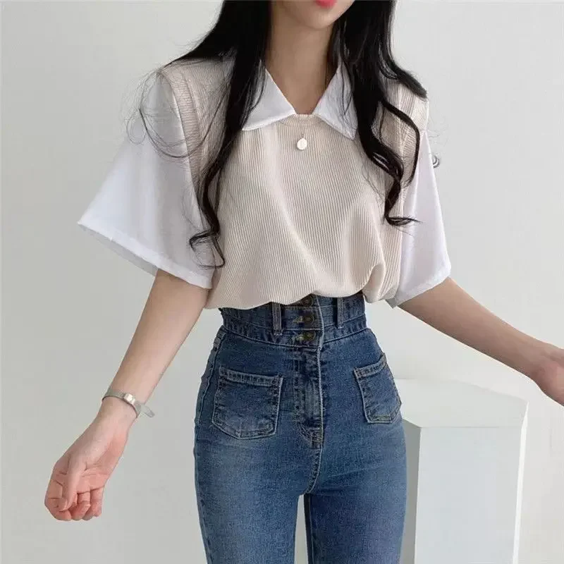 Summer Academy Style Color Blocking Polo Collar Top Fake Two-piece Short Sleeve T-shirt Women Lazy Loose Casual Versatile Blouse Summer Academy Style Color Blocking Polo Collar Top Fake Two-piece Short Sleeve T-shirt Women Lazy Loose Casual Versatile Blouse