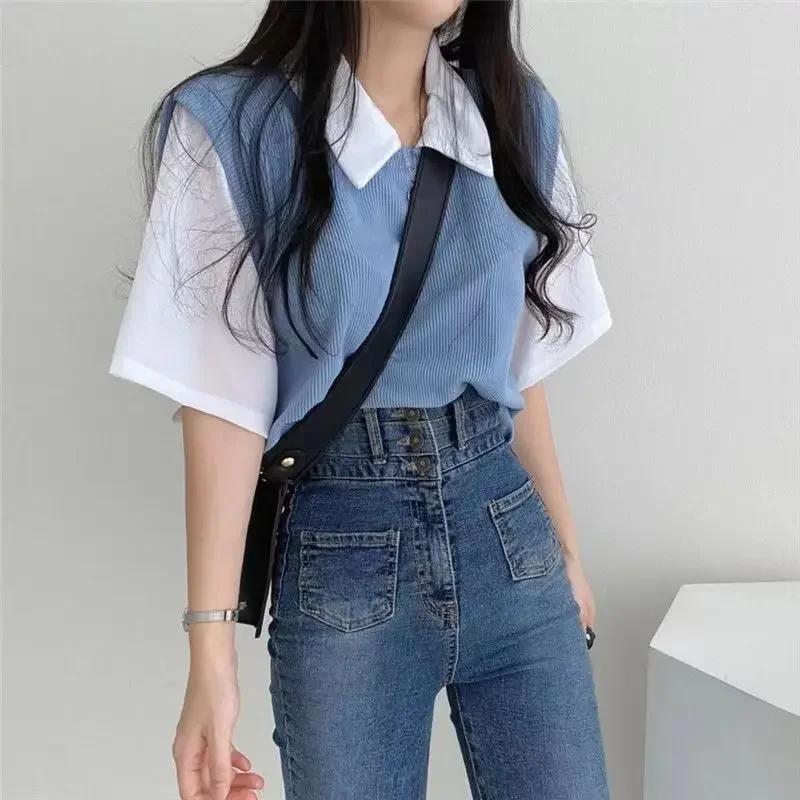 Summer Academy Style Color Blocking Polo Collar Top Fake Two-piece Short Sleeve T-shirt Women Lazy Loose Casual Versatile Blouse Summer Academy Style Color Blocking Polo Collar Top Fake Two-piece Short Sleeve T-shirt Women Lazy Loose Casual Versatile Blouse