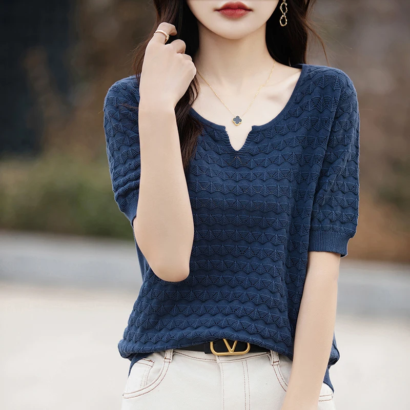 Women’s T-shirt Summer New 100% Pure Cotton Tees Casual Solid Knitted Short sleeved V-neck Pullover Loose Tops Fashion Sweater Women's T-shirt Summer New 100% Pure Cotton Tees Casual Solid Knitted Short sleeved V-neck Pullover Loose Tops Fashion Sweater