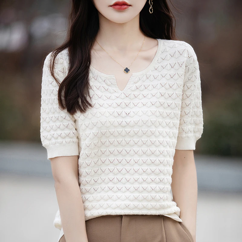 Women’s T-shirt Summer New 100% Pure Cotton Tees Casual Solid Knitted Short sleeved V-neck Pullover Loose Tops Fashion Sweater Women's T-shirt Summer New 100% Pure Cotton Tees Casual Solid Knitted Short sleeved V-neck Pullover Loose Tops Fashion Sweater