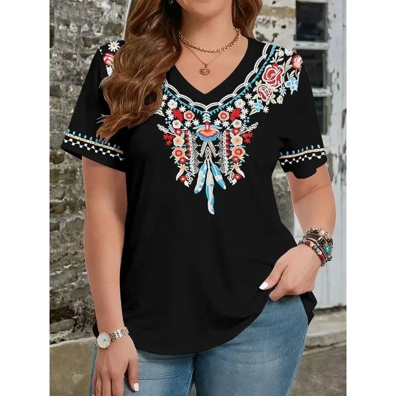 Women’s Ethnic Floral 3D Print T-Shirt Short-Sleeved V-Neck Y2k Harajuku Style Casual Comfortable Fit Summer Top Women's Ethnic Floral 3D Print T-Shirt Short-Sleeved V-Neck Y2k Harajuku Style Casual Comfortable Fit Summer Top
