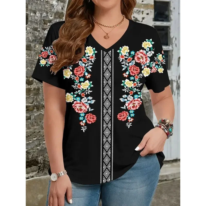 Women’s Ethnic Floral 3D Print T-Shirt Short-Sleeved V-Neck Y2k Harajuku Style Casual Comfortable Fit Summer Top Women's Ethnic Floral 3D Print T-Shirt Short-Sleeved V-Neck Y2k Harajuku Style Casual Comfortable Fit Summer Top