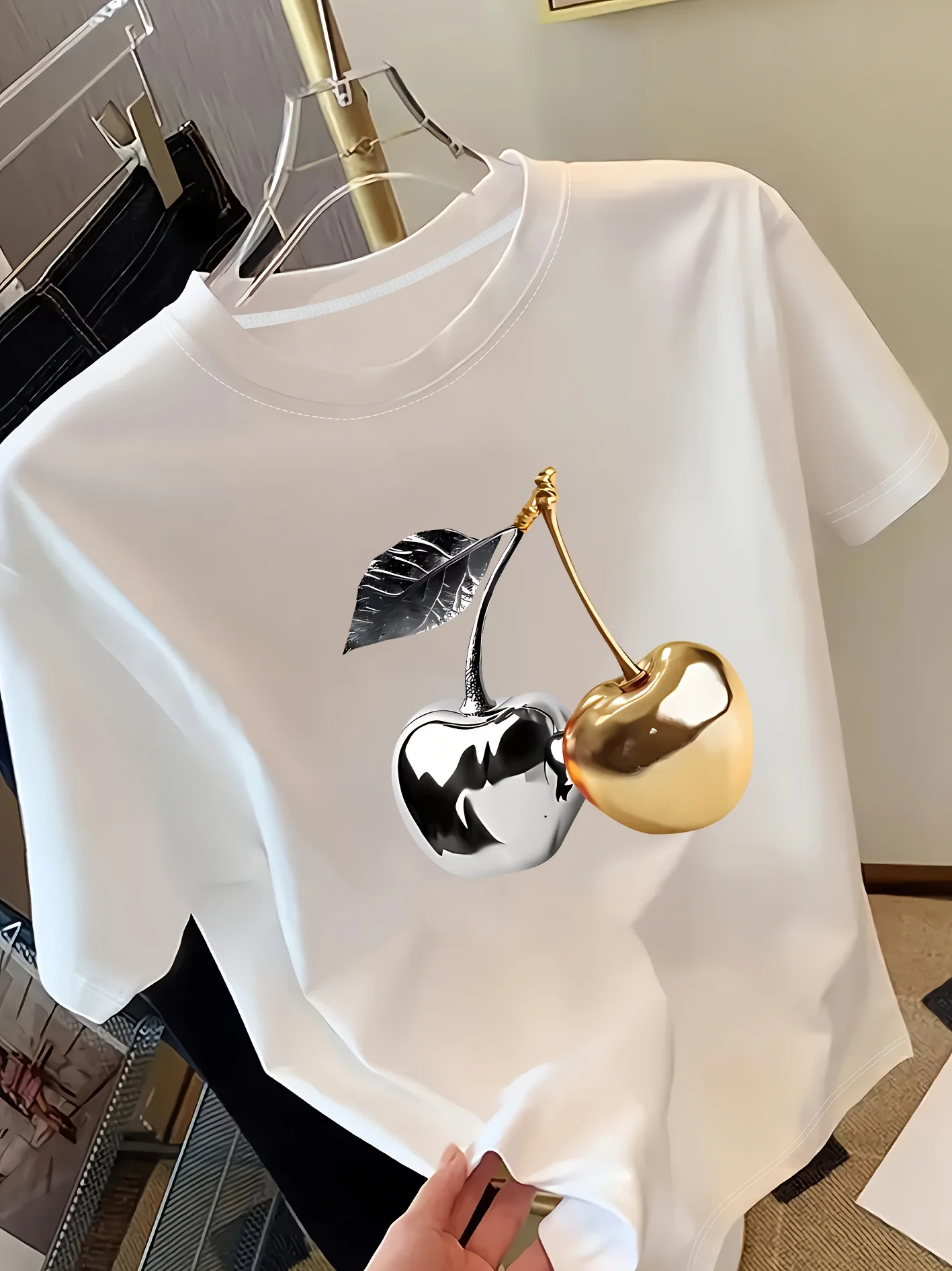Golden Cherry Print Women Short Sleeve T-Shirt Stylish Casual Tee a Sense of Elegance Versatile Top for Women Minimalist Design Golden Cherry Print Women Short Sleeve T-Shirt Stylish Casual Tee a Sense of Elegance Versatile Top for Women Minimalist Design